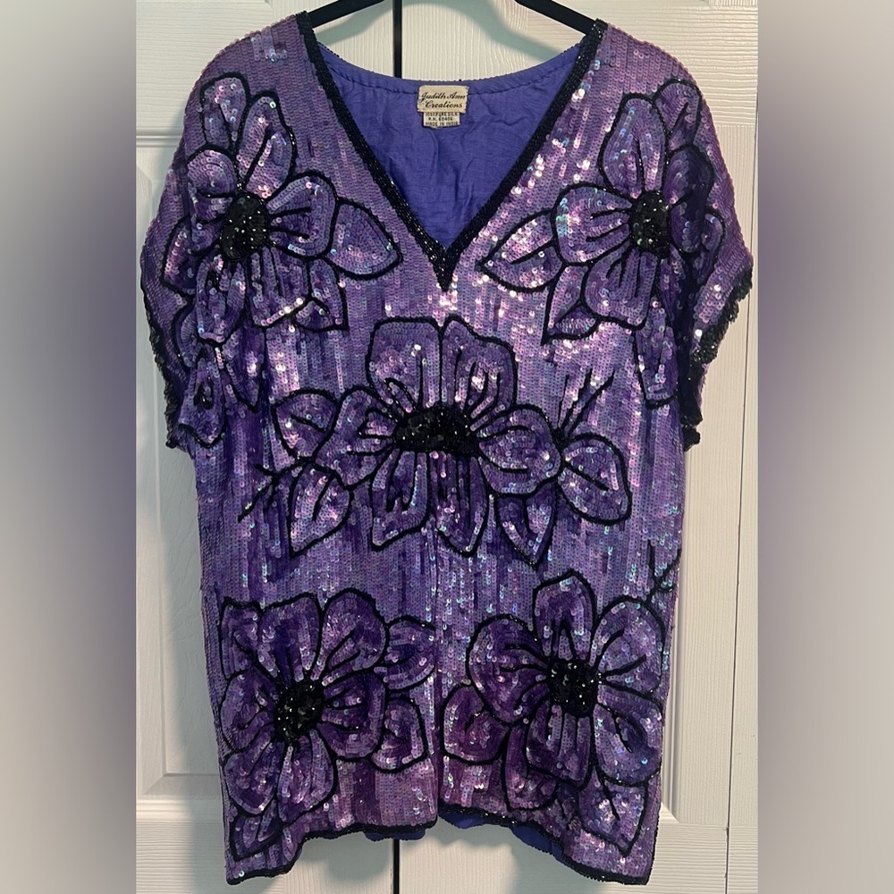 Vintage Judith Ann Creations Floral Sequined Silk Sleeveless Blouse